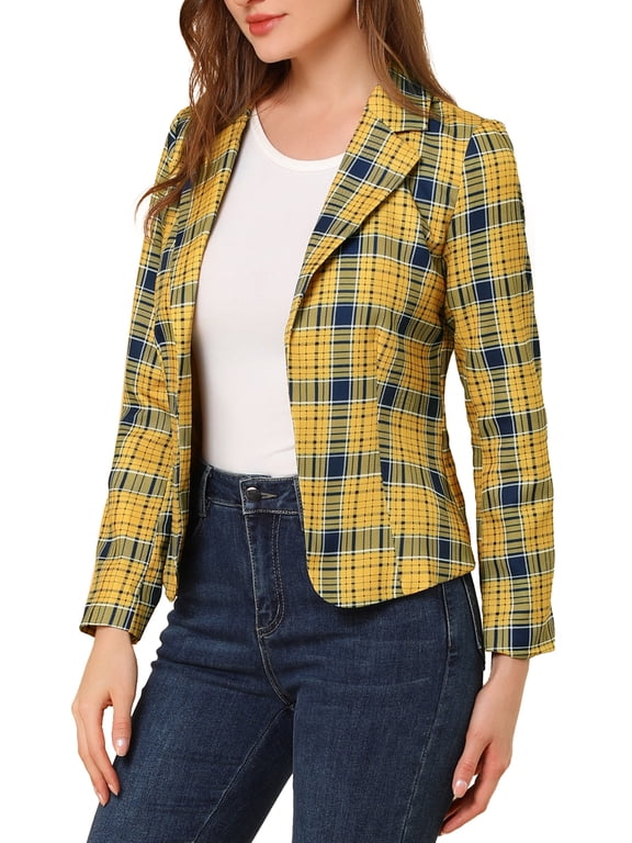 Women's Fitted Blazer Notch Lapel Printed Open Front Work Suit Jacket M Yellow-Plaid