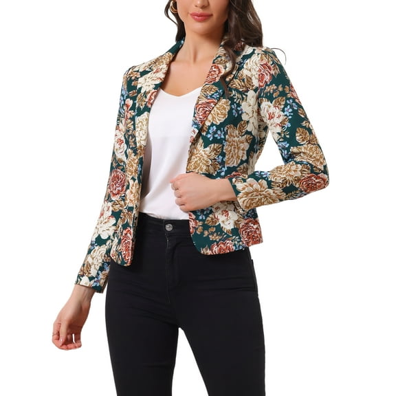 INSPIRE CHIC Women's Fitted Blazer Notch Lapel Printed Open Front Work Suit Jacket XL Dark Green-Floral
