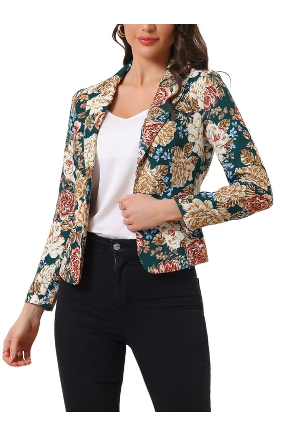 Women's Fitted Blazer Notch Lapel Printed Open Front Work Suit Jacket XL Dark Green-Floral
