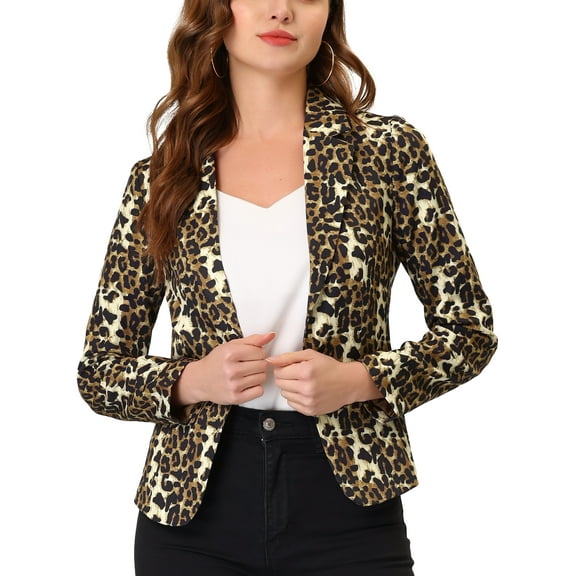 INSPIRE CHIC Women's Fitted Blazer Notch Lapel Printed Open Front Work Suit Jacket XS Brown-Leopard