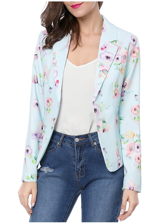 INSPIRE CHIC Women's Work Casual Fitted Blazer Notch Lapel Printed Open Front Suit Jacket XS Blue-Floral