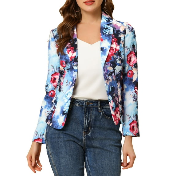 INSPIRE CHIC Women's Fitted Blazer Notch Lapel Printed Open Front Work Suit Jacket S Blue-Flower