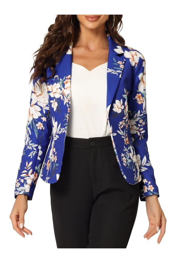 Women's Back to School Teacher Outfit Fitted Blazer Notch Lapel Printed Open Front Work Suit Jacket XL Royal Blue-Floral