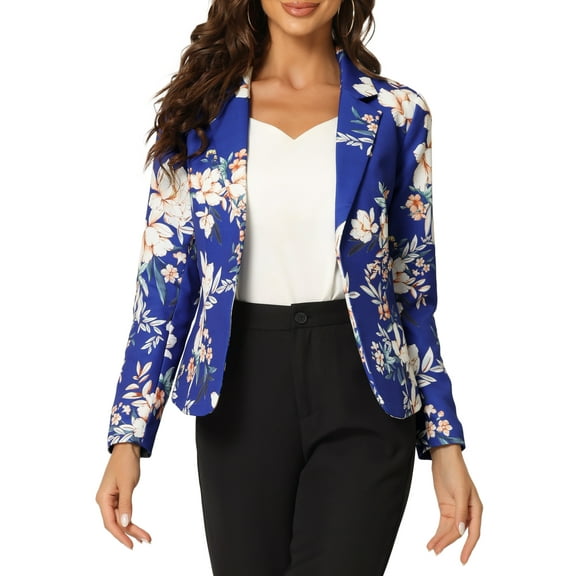 INSPIRE CHIC Women's Fitted Blazer Notch Lapel Printed Open Front Work Suit Jacket XL Royal Blue-Floral