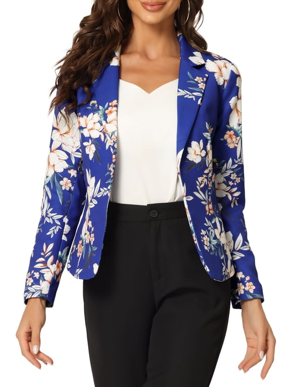 Women's Fitted Blazer Notch Lapel Printed Open Front Work Suit Jacket XL Royal Blue-Floral