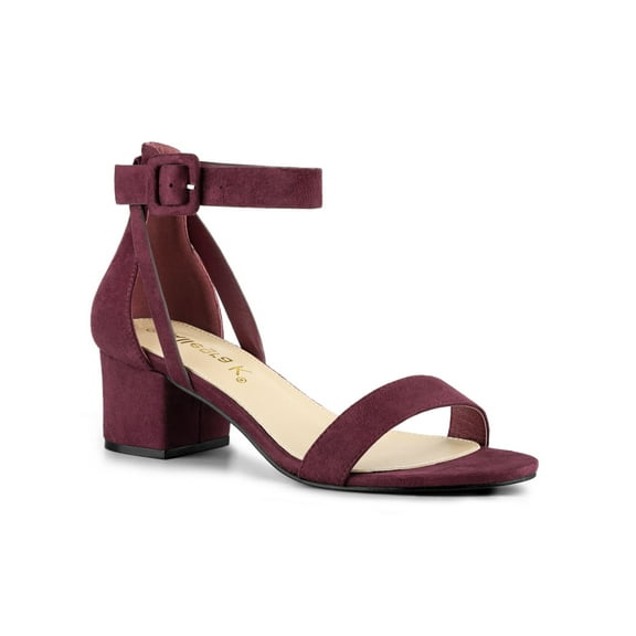 BLISSFUL STEP Women's Ankle Buckle Strap Chunky Heel Sandal Shoes Burgundy 6