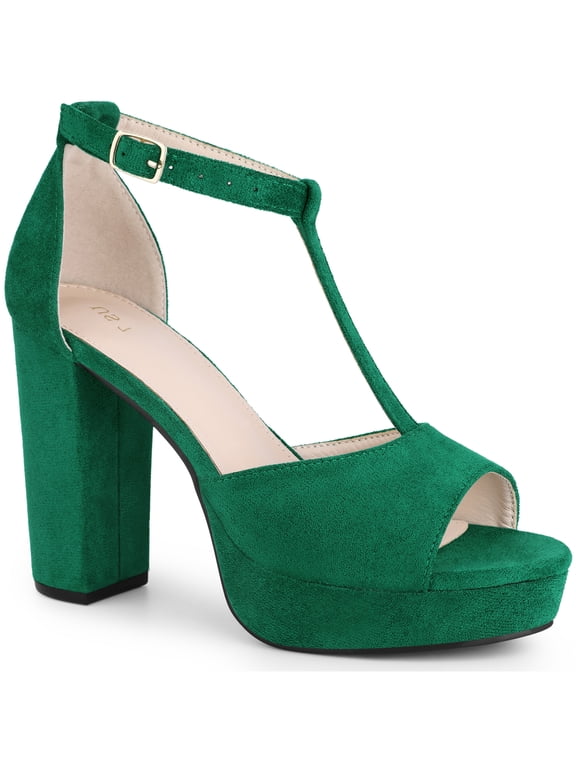 Women's Shoes Open Toe T-Strap Platform Chunky High Heel Sandals Green 8