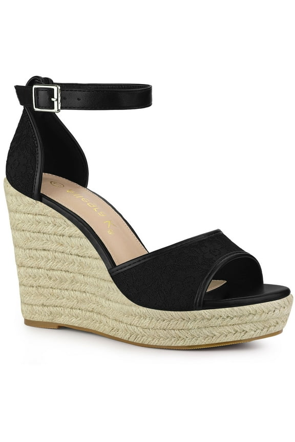 Women's Ankle Strap Platform Espadrilles Wedge Heel Sandals Black 7