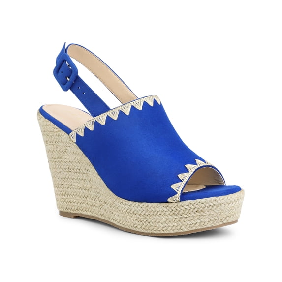 BLISSFUL STEP Women's Ankle Strap Platform Heels Espadrille Wedge Heel Sandals Deep Blue (Size 9.5)