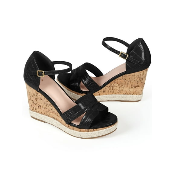 BLISSFUL STEP Women's Ankle Strap Wood Wedges Platform Wedge Sandals Black 5.5