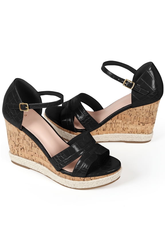 Women's Ankle Strap Wood Wedges Platform Wedge Sandals Black 7