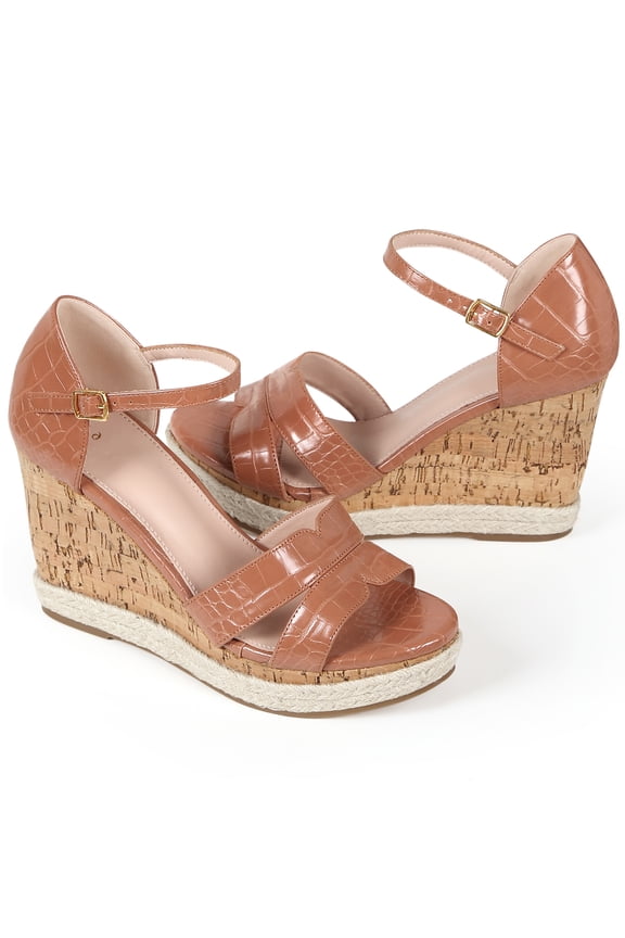 Women's Ankle Strap Wood Wedges Platform Wedge Sandals Brown 10