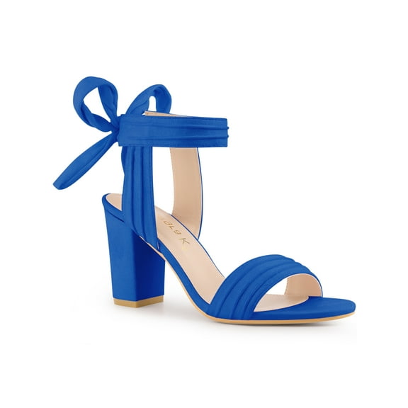 BLISSFUL STEP Women's Sandals Ankle Tie Back Open Toe Block Heels Deep Blue 8