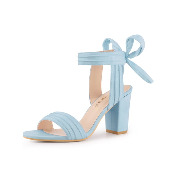 BLISSFUL STEP Women's Sandals Ankle Tie Back Open Toe Block Heels Sky Blue 9.5