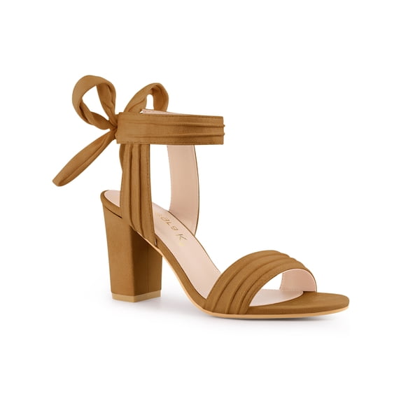 BLISSFUL STEP Women's Sandals Ankle Tie Back Open Toe Block Heels Brown 6.5