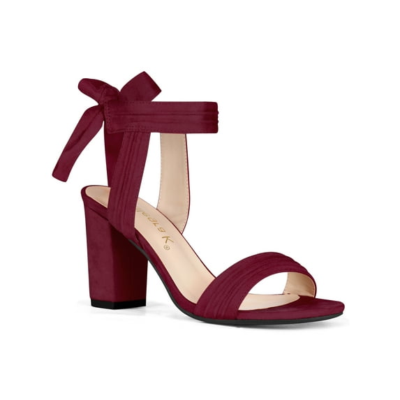 BLISSFUL STEP Women's Sandals Ankle Tie Back Open Toe Block Heels Burgundy 7