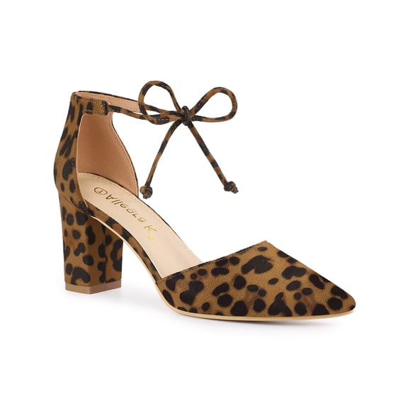BLISSFUL STEP Women's High Block Heels Pointed Toe Ankle Strap Dress Shoes​ Leopard 7.5