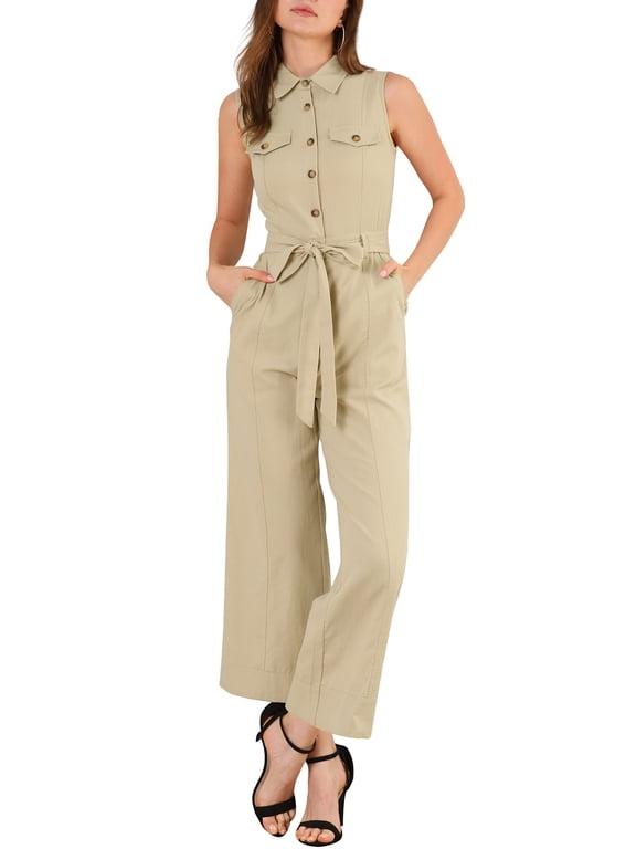 Women's Cotton Sleeveless Jumpsuit Button Front Wide Leg Romper with Tie Waist & Pockets Casual Workwear Overalls XS Khaki