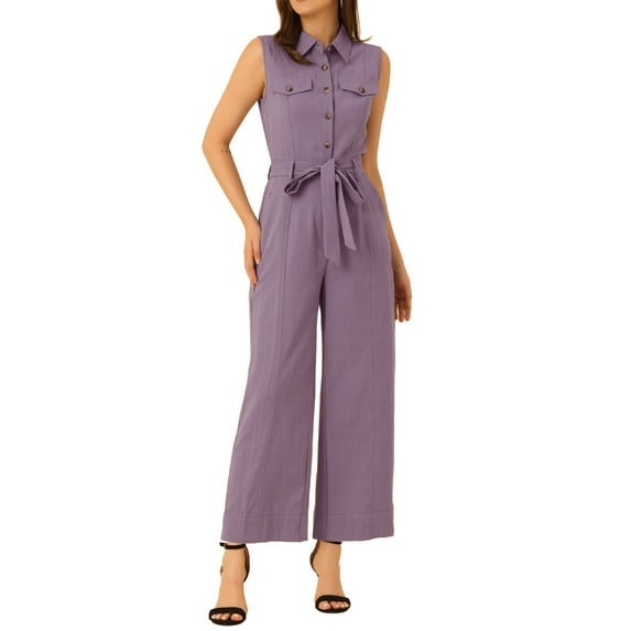 INSPIRE CHIC Women's Ankle Tie Waist Workwear Button Front Sleeveless Jumpsuit M Purple