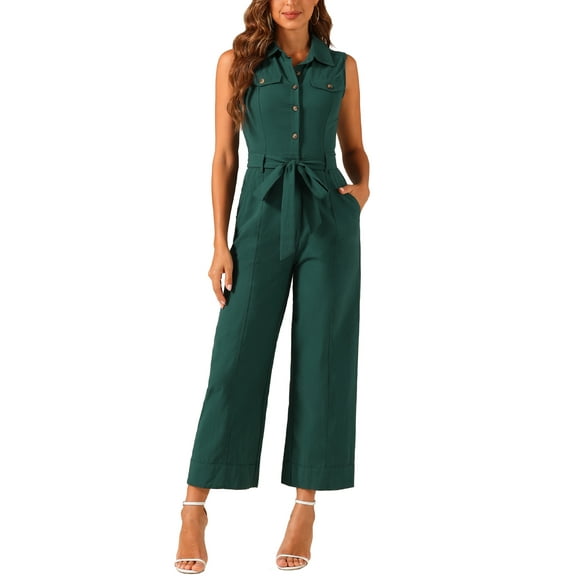 INSPIRE CHIC Women's Ankle Tie Waist Workwear Button Front Sleeveless Jumpsuit XL Peacock Blue