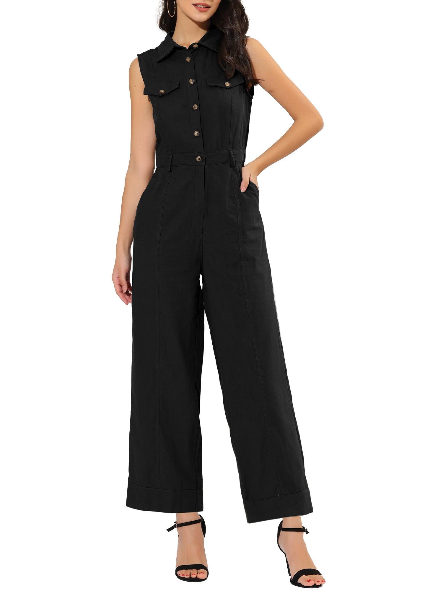 Women's Ankle Tie Waist Workwear Button Front Sleeveless Jumpsuit S Black