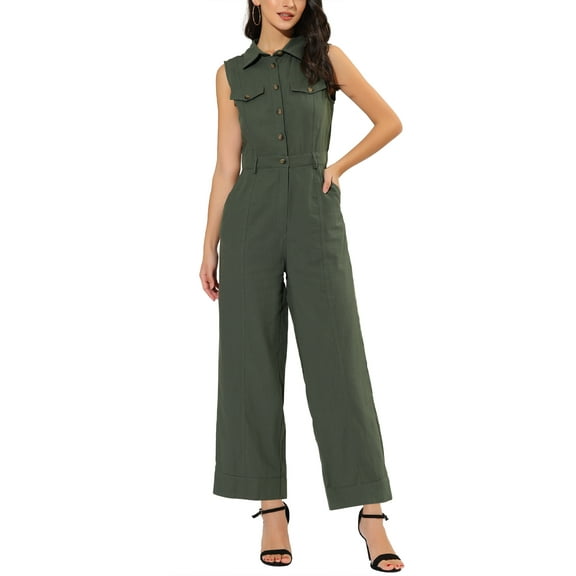 INSPIRE CHIC Women's Ankle Tie Waist Workwear Button Front Sleeveless Jumpsuit S Army Green