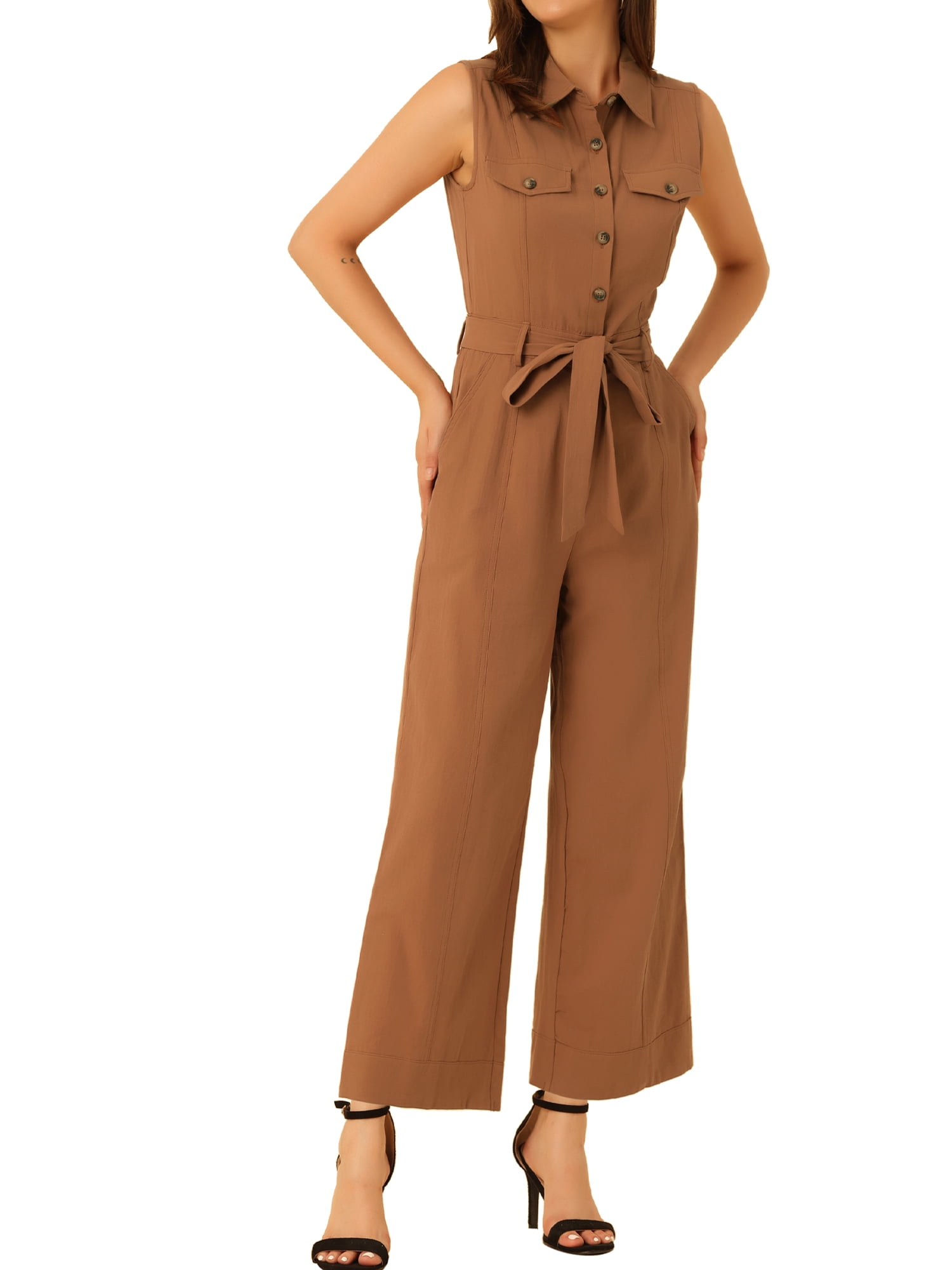 Women's Button-up Tie-Waist Jumpsuit