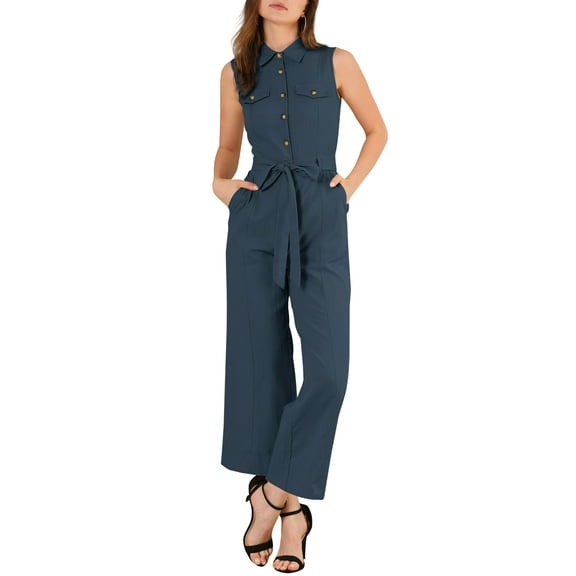 INSPIRE CHIC Women's Ankle Tie Waist Workwear Button Front Sleeveless Jumpsuit S Navy Blue