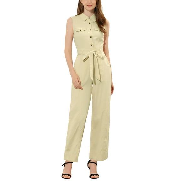 INSPIRE CHIC Women's Ankle Tie Waist Workwear Button Front Sleeveless Jumpsuit S Apricot