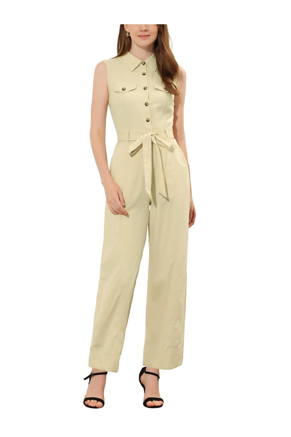 Women's Ankle Tie Waist Workwear Button Front Sleeveless Jumpsuit L Apricot