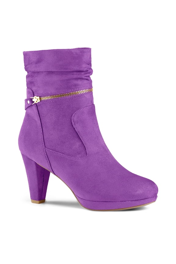Women's Ankle Boots Faux Suede Chunky Heel Side Zipper Slouch Shaft Boots Purple 9.5