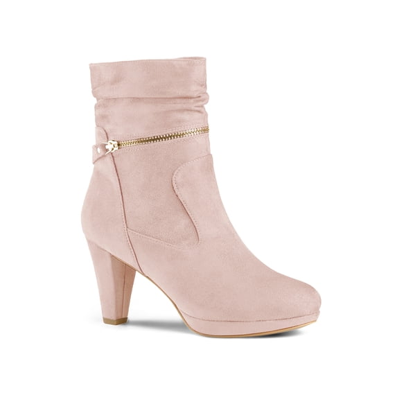 BLISSFUL STEP Women's Ankle Boots Faux Suede Chunky Heel Side Zipper Slouch Shaft Boots Dust Pink 9.5