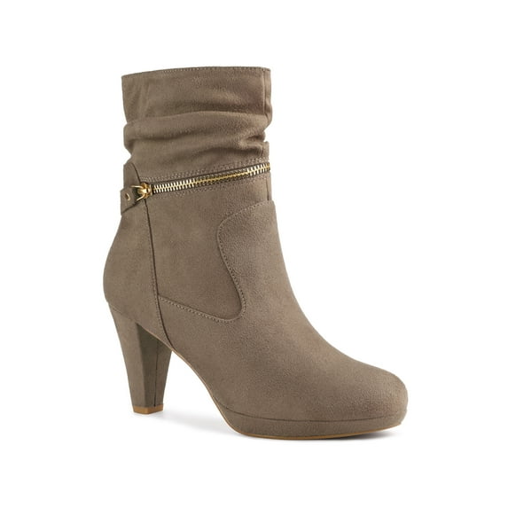 BLISSFUL STEP Women's Ankle Boots Faux Suede Chunky Heel Side Zipper Slouch Shaft Boots Taupe 8