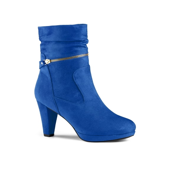 BLISSFUL STEP Women's Ankle Boots Faux Suede Chunky Heel Side Zipper Slouch Shaft Boots Royal Blue 9