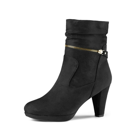 BLISSFUL STEP Women's Ankle Boots Faux Suede Chunky Heel Side Zipper Slouch Shaft Boots Black 6