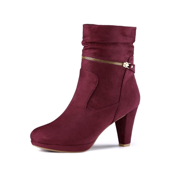 BLISSFUL STEP Women's Ankle Boots Faux Suede Chunky Heel Side Zipper Slouch Shaft Boots Burgundy 6.5