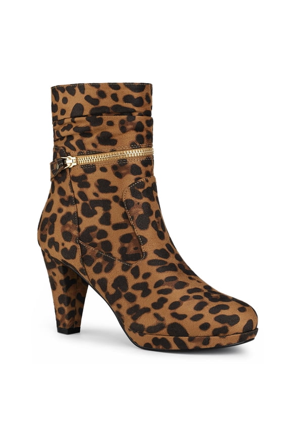 Women's Ankle Boots Faux Suede Chunky Heel Side Zipper Slouch Shaft Boots Leopard 9.5