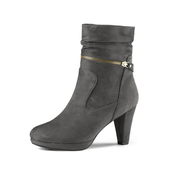 BLISSFUL STEP Women's Ankle Boots Faux Suede Chunky Heel Side Zipper Slouch Shaft Boots Grey 9