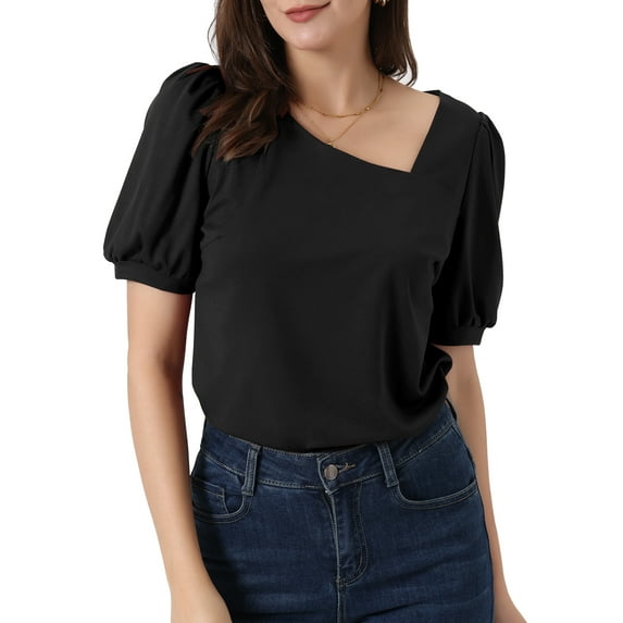 INSPIRE CHIC Women's Asymmetrical V Neck Loose Fit Casual Puff Short Sleeve Blouse XS Black