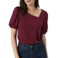 thumbnail image 1 of INSPIRE CHIC Women's Asymmetrical V Neck Loose Fit Casual Puff Short Sleeve Blouse L Burgundy, 1 of 6