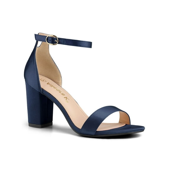 BLISSFUL STEP Women's Shoes Ankle Strap Buckle Block Heel Sandals Navy Blue 5.5
