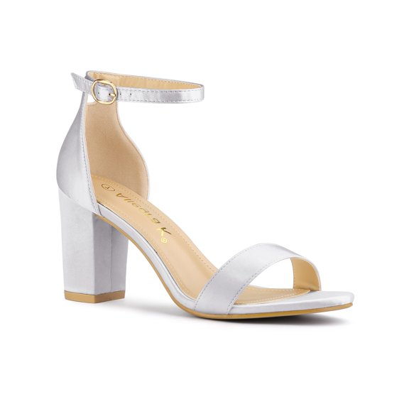 BLISSFUL STEP Women's Shoes Ankle Strap Buckle Block Heel Sandals Silver 6.5