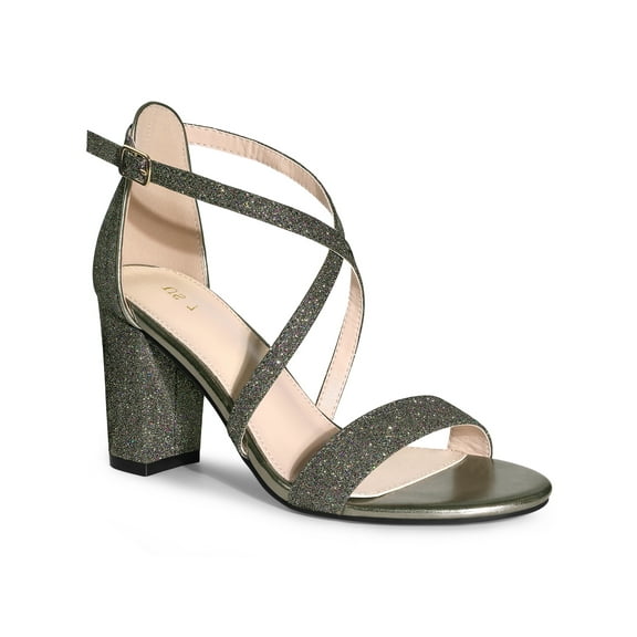 BLISSFUL STEP Women's Shoes Glitter Crisscross Strap Block Heel Sandals Gunmetal 7