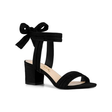 BLISSFUL STEP Women's Shoes Slingback Back Ankle Open Toe Tie Block Heels Sandals Black 5