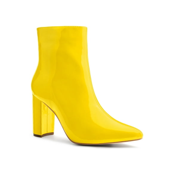 BLISSFUL STEP Women's Boots Pointed Toe Zipper Patent Leather Ankle Chunky Boots Yellow 5.5