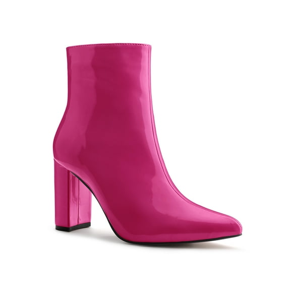 BLISSFUL STEP St. Patrick's Day Women's Boots Pointed Toe Zipper Patent Leather Ankle Chunky Boots Hot Pink 7