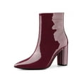 thumbnail image 1 of BLISSFUL STEP Women's Boots Pointed Toe Zipper Patent Leather Ankle Chunky Boots Burgundy 10, 1 of 8