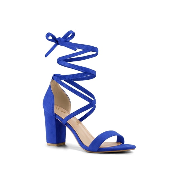 BLISSFUL STEP Women's Shoes Lace Up Chunky Heels Open Toe Faux Suede Sandals Royal Blue 9
