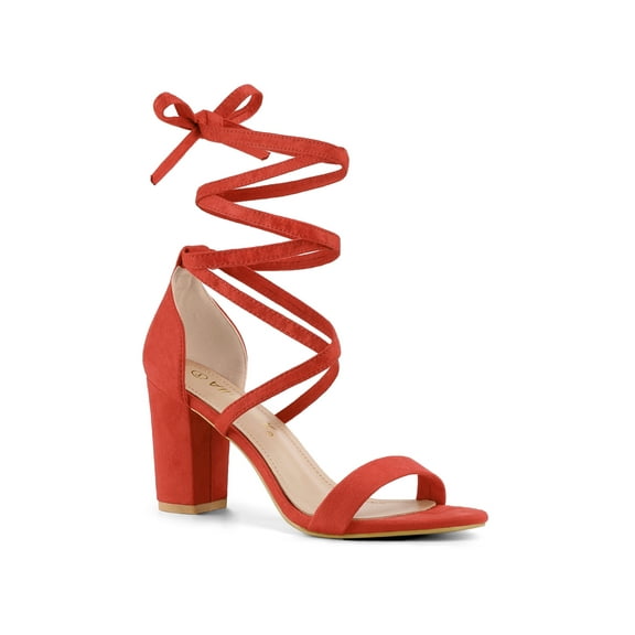 BLISSFUL STEP Women's Shoes Lace Up Chunky Heels Open Toe Faux Suede Sandals Orange 5.5