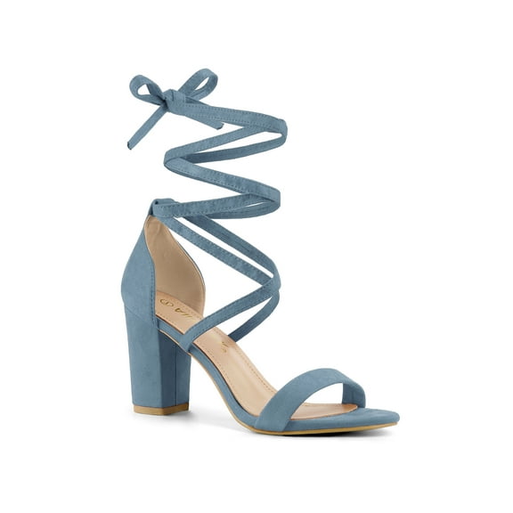 BLISSFUL STEP Women's Shoes Lace Up Chunky Heels Open Toe Faux Suede Sandals Haze Blue 6.5